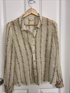 Cream Floral-Stripe Casual Button-Down Shirt